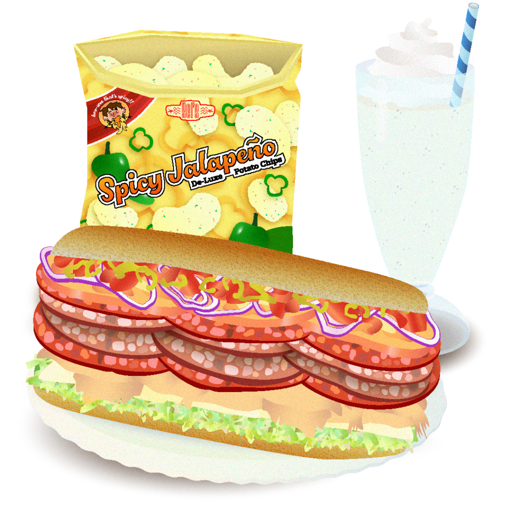 Italian sub sandwich, potato chips, vanilla shake illustration, visual identity services