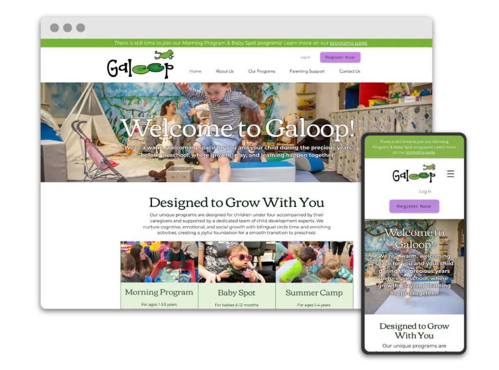 Galoop homepage and mobile display designed with Wix