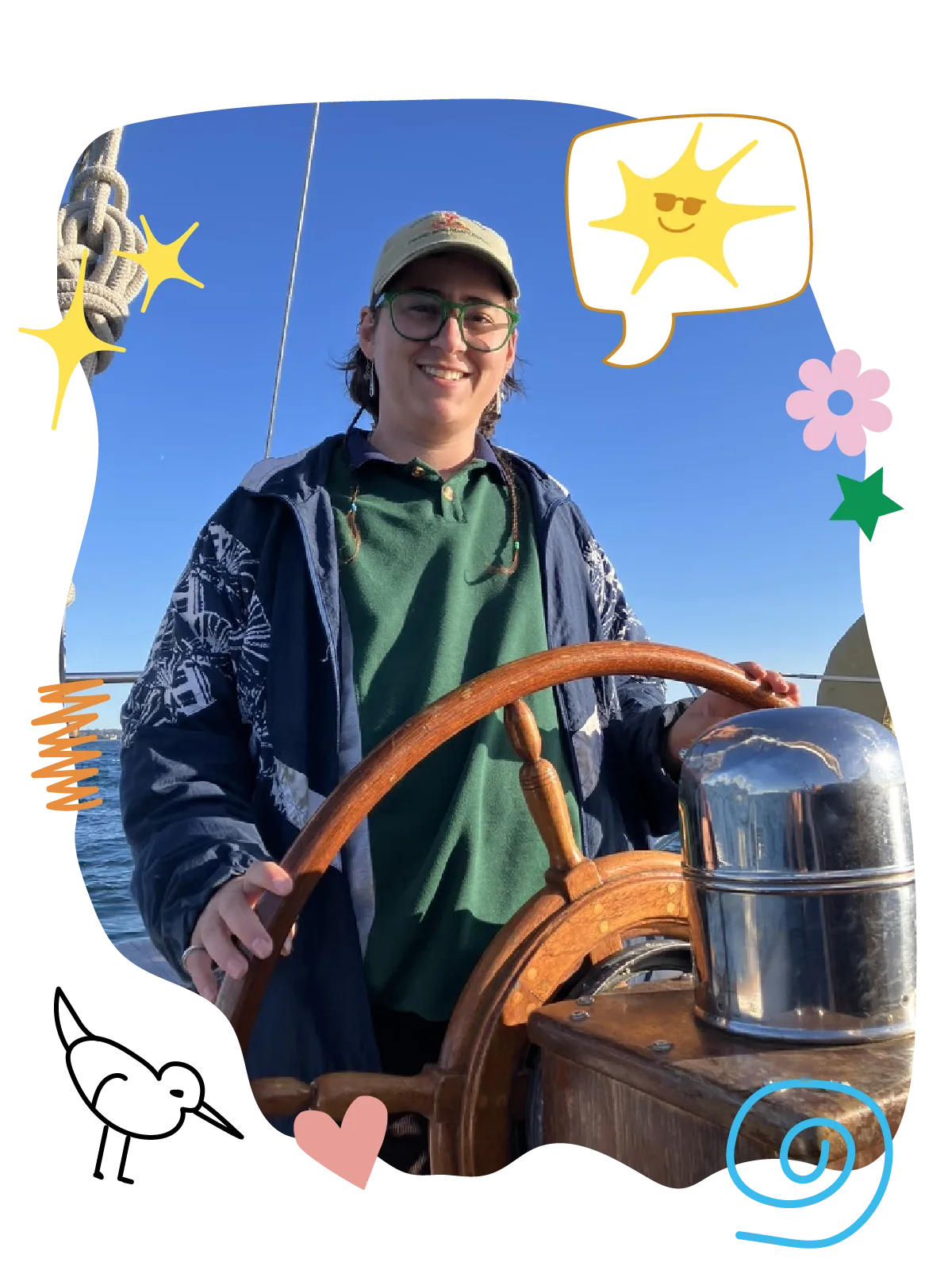 Sel sailing their boat, Rhode Island based graphic designer