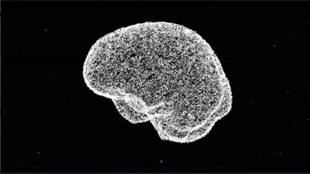 screen cap of 3d brain made of white dots, Boston service jam